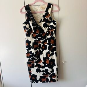 Michael Kors Black, White & Brown Sleeveless V-Neck Midi Dress